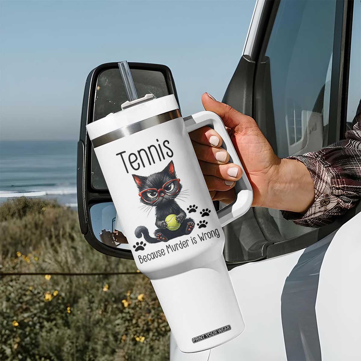 Funny Tennis Cat Gift Tumbler With Handle Because Murder Is Wrong TS12 Print Your Wear