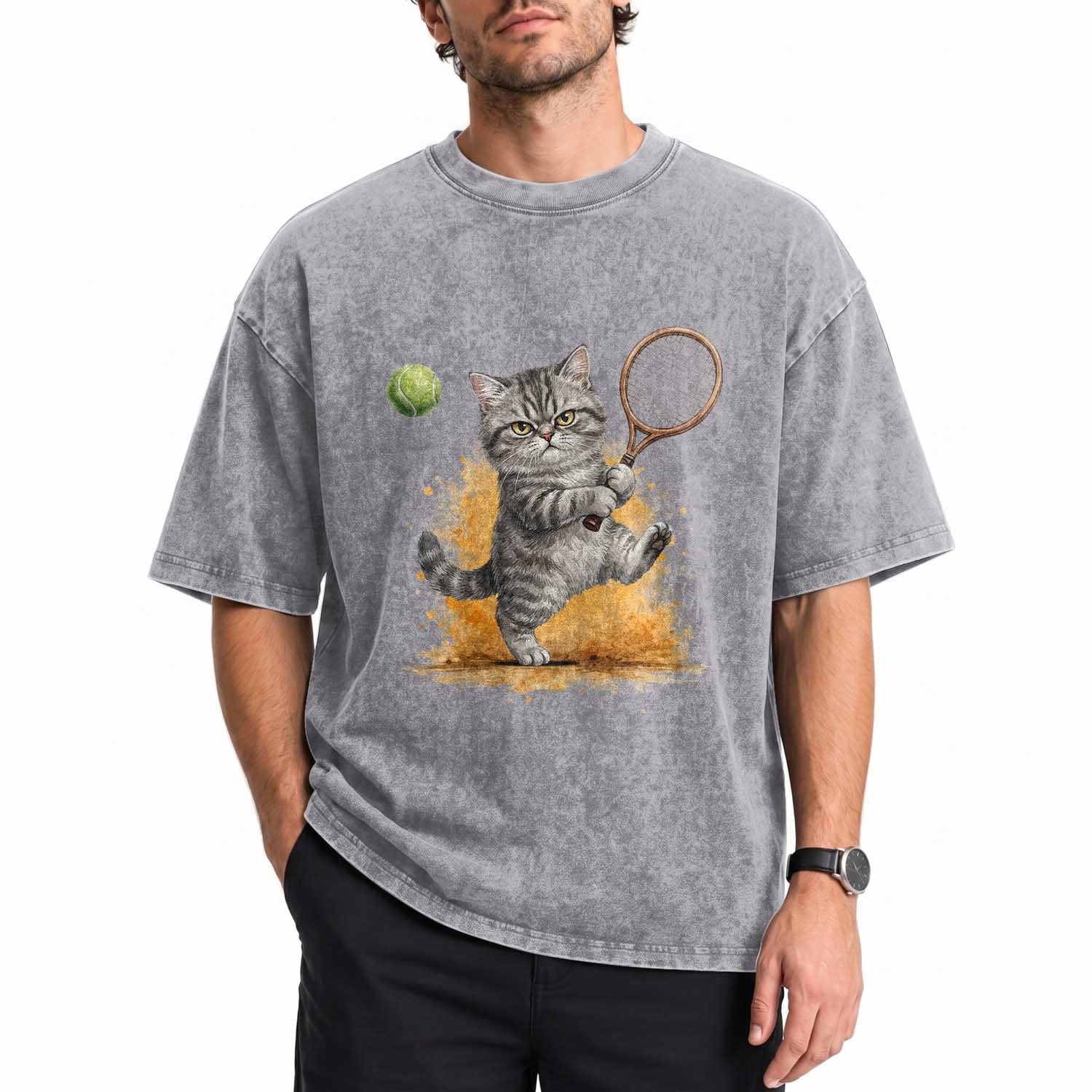 Funny Grumpy Cat Tennis Player Washed Cotton T-Shirt Gift For Tennis Fans