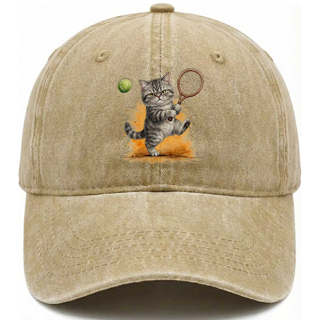 Funny Grumpy Cat Tennis Player Washed Cotton Baseball Cap Gift For Tennis Fans TS12 Print Your Wear