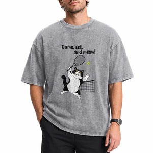 Funny Chubby Cat Tennis Washed Cotton T-Shirt Game Set And Meow