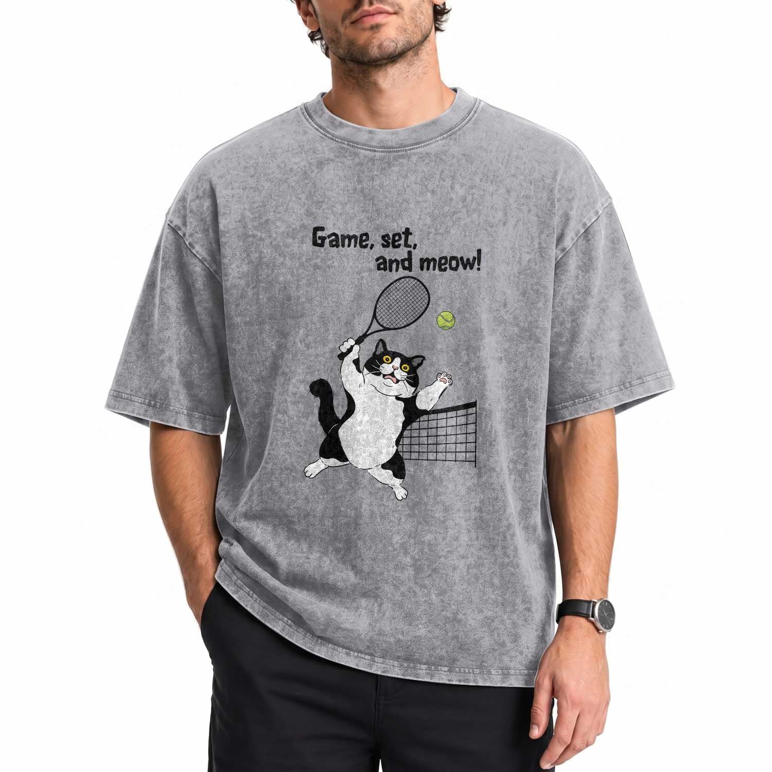 Funny Chubby Cat Tennis Washed Cotton T-Shirt Game Set And Meow