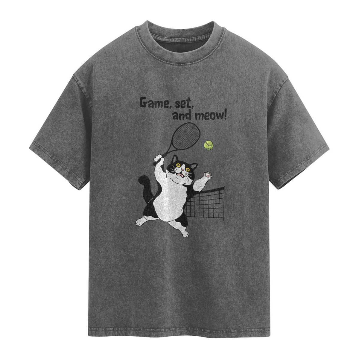 Funny Chubby Cat Tennis Washed Cotton T-Shirt Game Set And Meow