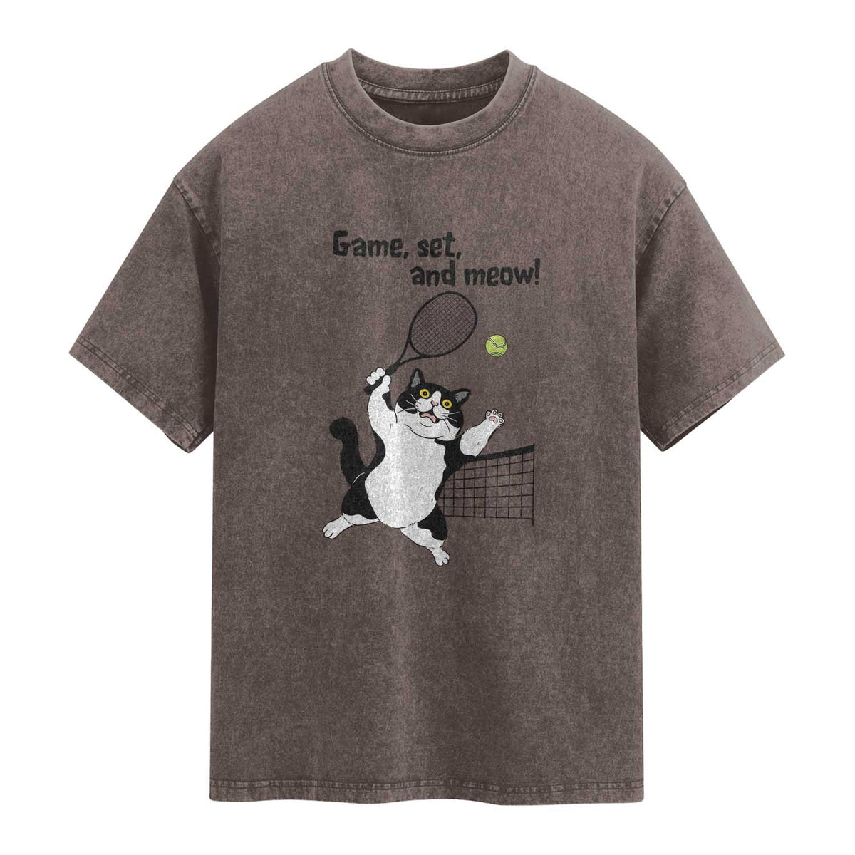 Funny Chubby Cat Tennis Washed Cotton T-Shirt Game Set And Meow
