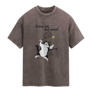 Funny Chubby Cat Tennis Washed Cotton T-Shirt Game Set And Meow