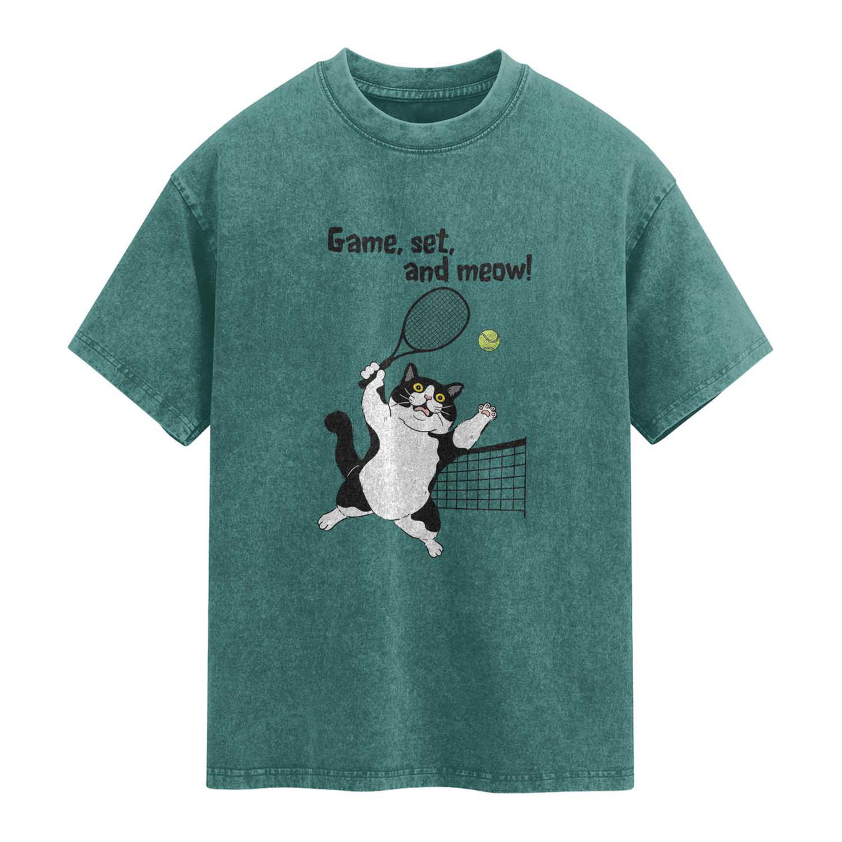 Funny Chubby Cat Tennis Washed Cotton T-Shirt Game Set And Meow