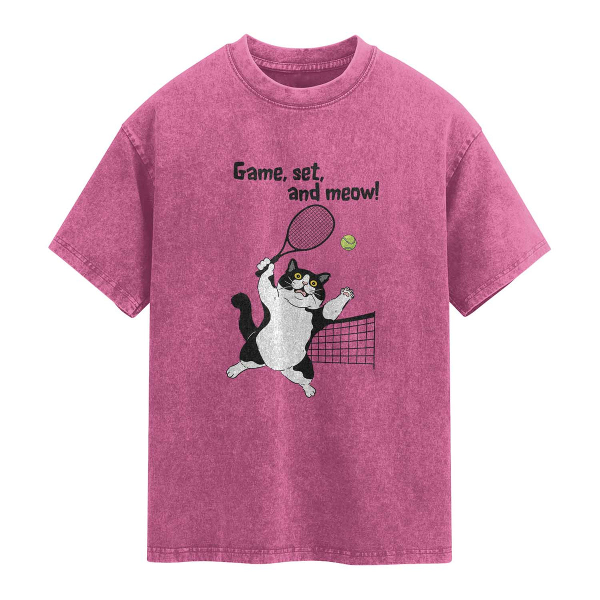 Funny Chubby Cat Tennis Washed Cotton T-Shirt Game Set And Meow