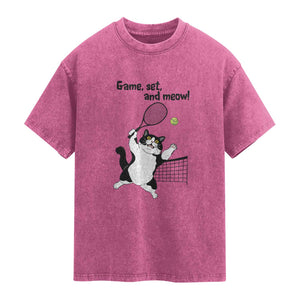 Funny Chubby Cat Tennis Washed Cotton T-Shirt Game Set And Meow