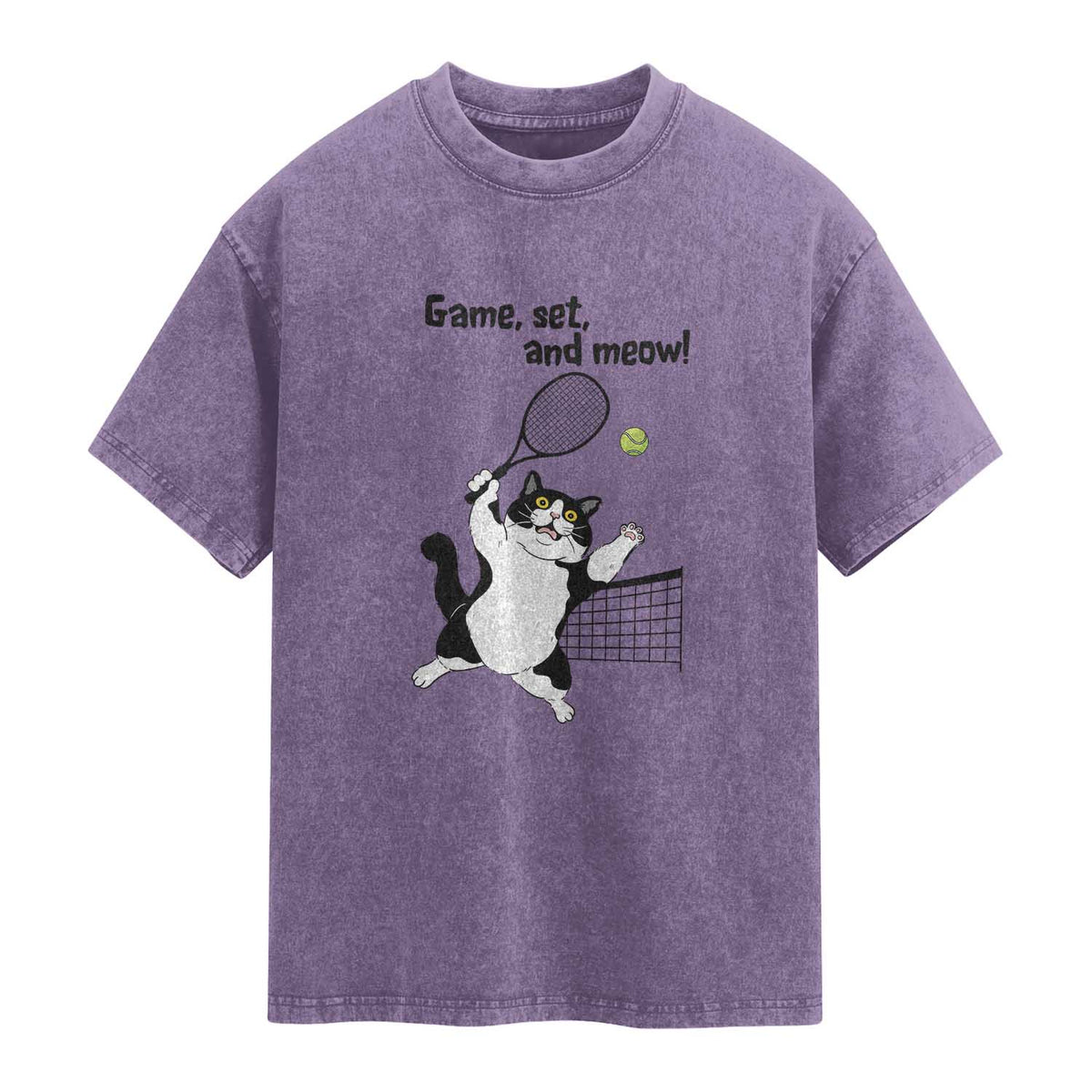 Funny Chubby Cat Tennis Washed Cotton T-Shirt Game Set And Meow