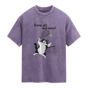 Funny Chubby Cat Tennis Washed Cotton T-Shirt Game Set And Meow