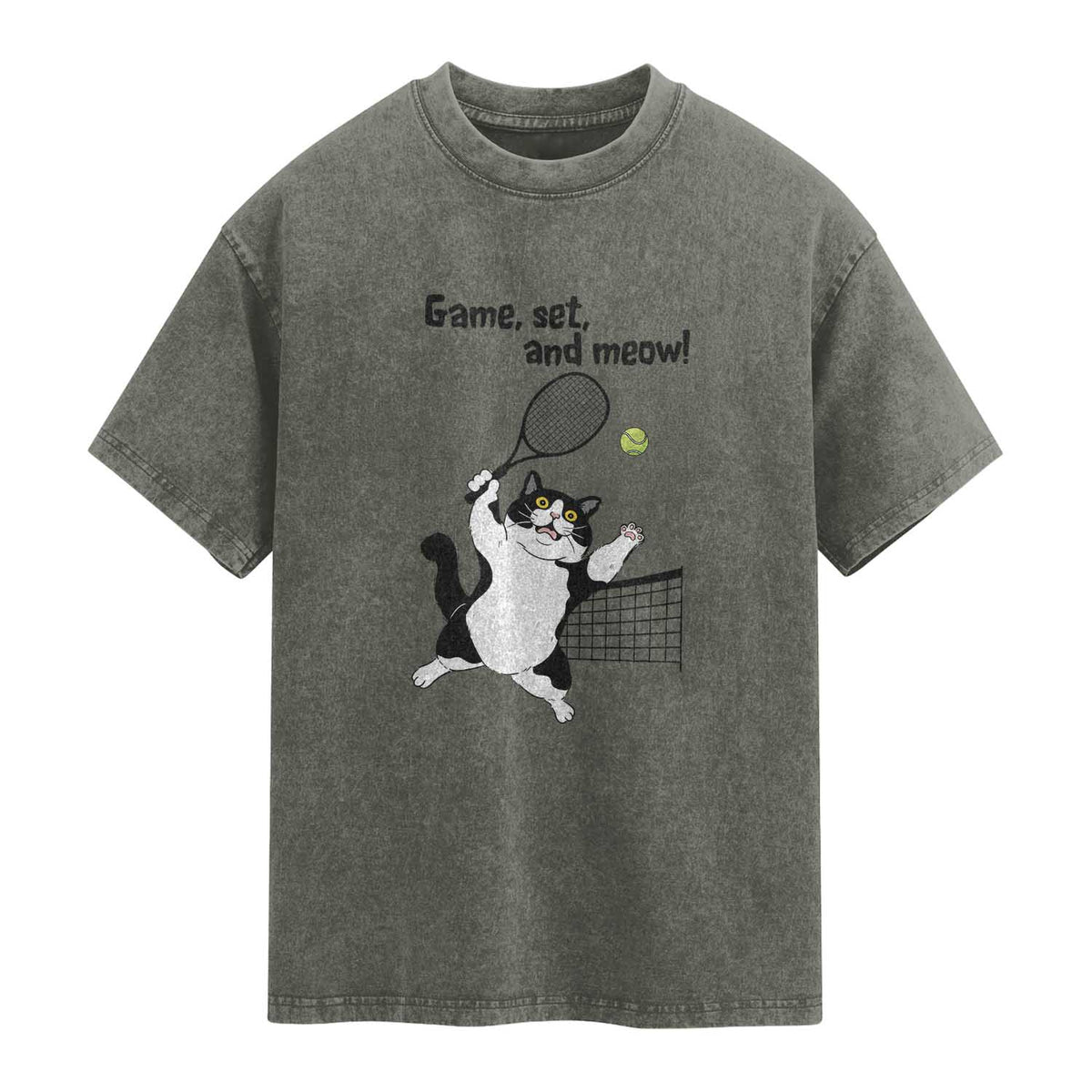 Funny Chubby Cat Tennis Washed Cotton T-Shirt Game Set And Meow