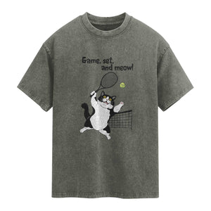 Funny Chubby Cat Tennis Washed Cotton T-Shirt Game Set And Meow