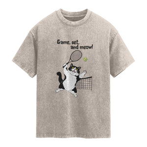 Funny Chubby Cat Tennis Washed Cotton T-Shirt Game Set And Meow