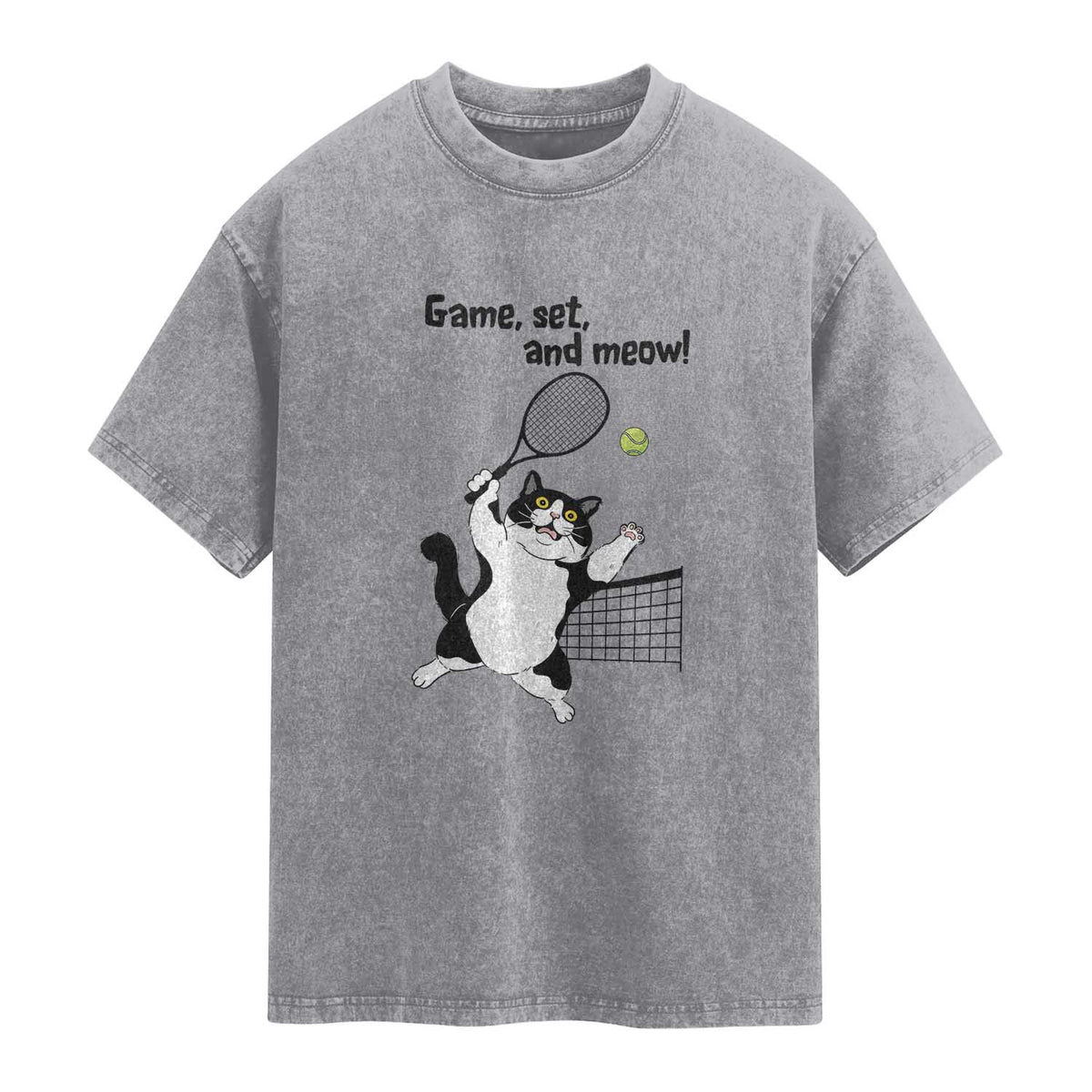 Funny Chubby Cat Tennis Washed Cotton T-Shirt Game Set And Meow