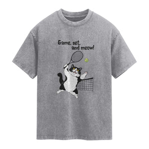 Funny Chubby Cat Tennis Washed Cotton T-Shirt Game Set And Meow
