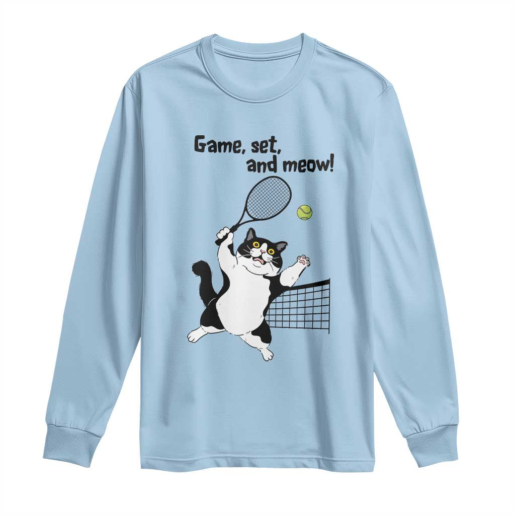 Funny Chubby Cat Tennis Long Sleeve Shirt Game Set And Meow TS12 Light Blue Print Your Wear