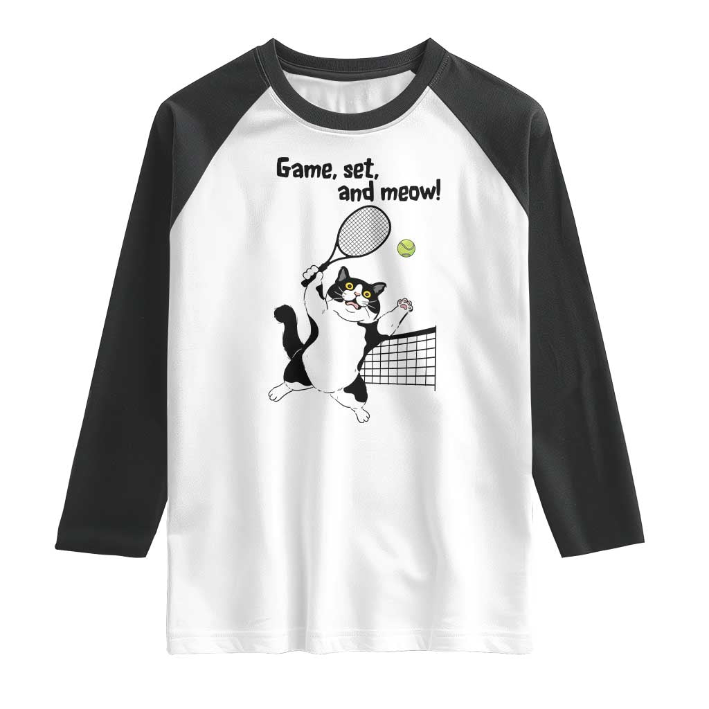 Funny Chubby Cat Tennis Raglan Shirt Game Set And Meow TS12 White Black Print Your Wear