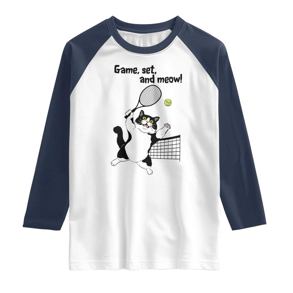 Funny Chubby Cat Tennis Raglan Shirt Game Set And Meow TS12 White Navy Print Your Wear