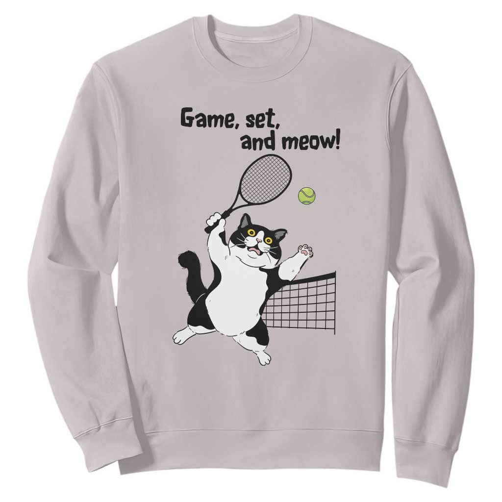 Funny Chubby Cat Tennis Sweatshirt Game Set And Meow TS12 Ice Gray Print Your Wear