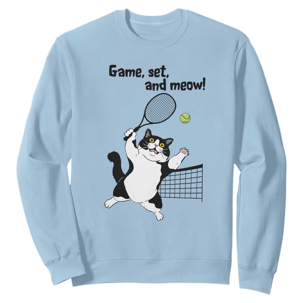 Funny Chubby Cat Tennis Sweatshirt Game Set And Meow TS12 Light Blue Print Your Wear