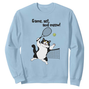 Funny Chubby Cat Tennis Sweatshirt Game Set And Meow TS12 Light Blue Print Your Wear