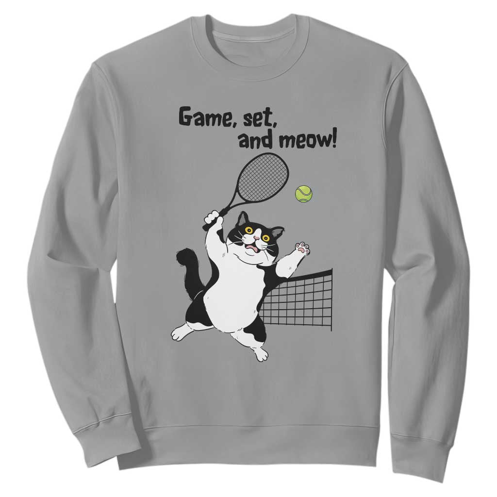 Funny Chubby Cat Tennis Sweatshirt Game Set And Meow TS12 Sport Gray Print Your Wear
