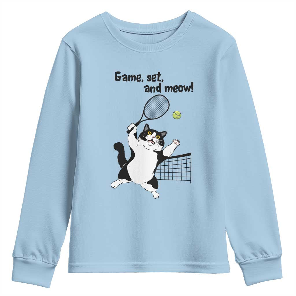 Funny Chubby Cat Tennis Youth Sweatshirt Game Set And Meow TS12 Light Blue Print Your Wear