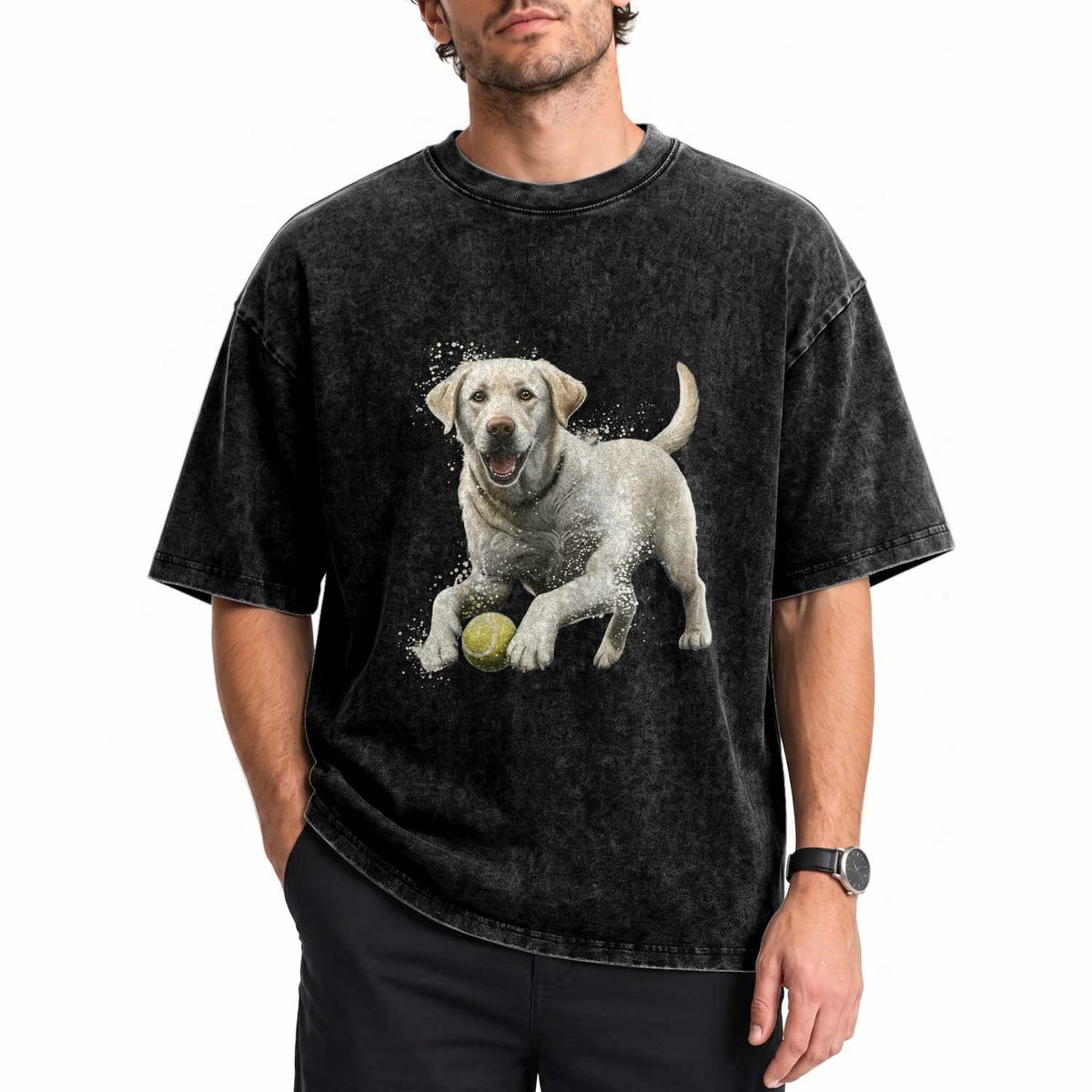 Cute Yellow Labrador Retriever With Tennis Ball Washed Cotton T-Shirt