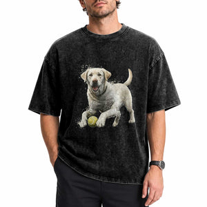 Cute Yellow Labrador Retriever With Tennis Ball Washed Cotton T-Shirt