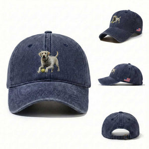 Cute Yellow Labrador Retriever With Tennis Ball Washed Cotton Baseball Cap TS12 Washed Cap Universal Fit Navy Print Your Wear