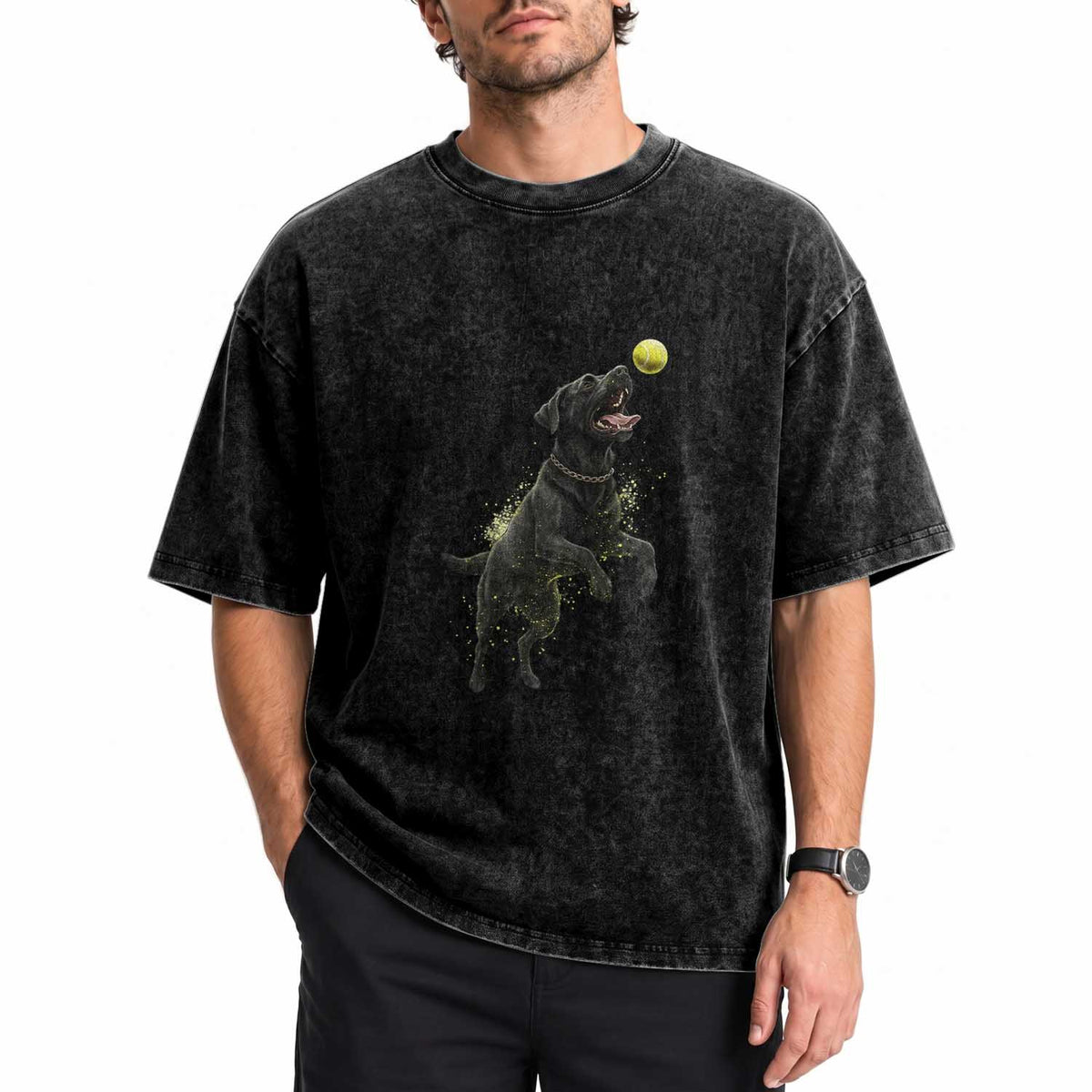 Playful Black Labrador Fetching Chasing Tennis Ball Washed Cotton T-Shirt