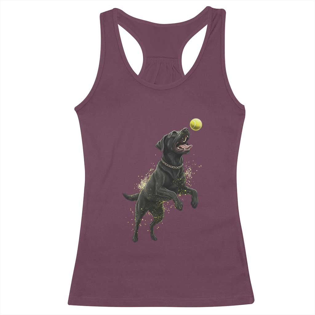 Playful Black Labrador Fetching Chasing Tennis Ball Racerback Tank Top TS12 Maroon Print Your Wear