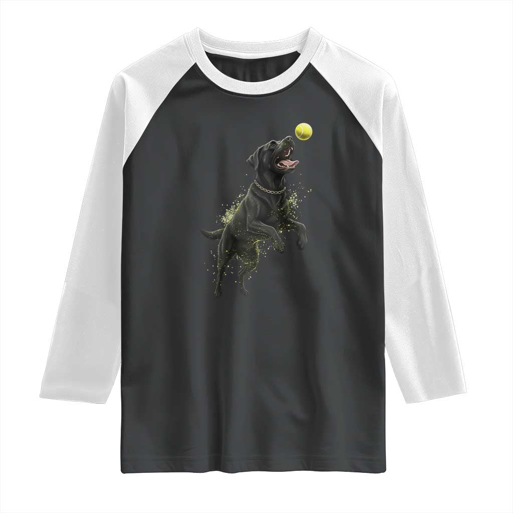 Playful Black Labrador Fetching Chasing Tennis Ball Raglan Shirt TS12 Black White Print Your Wear