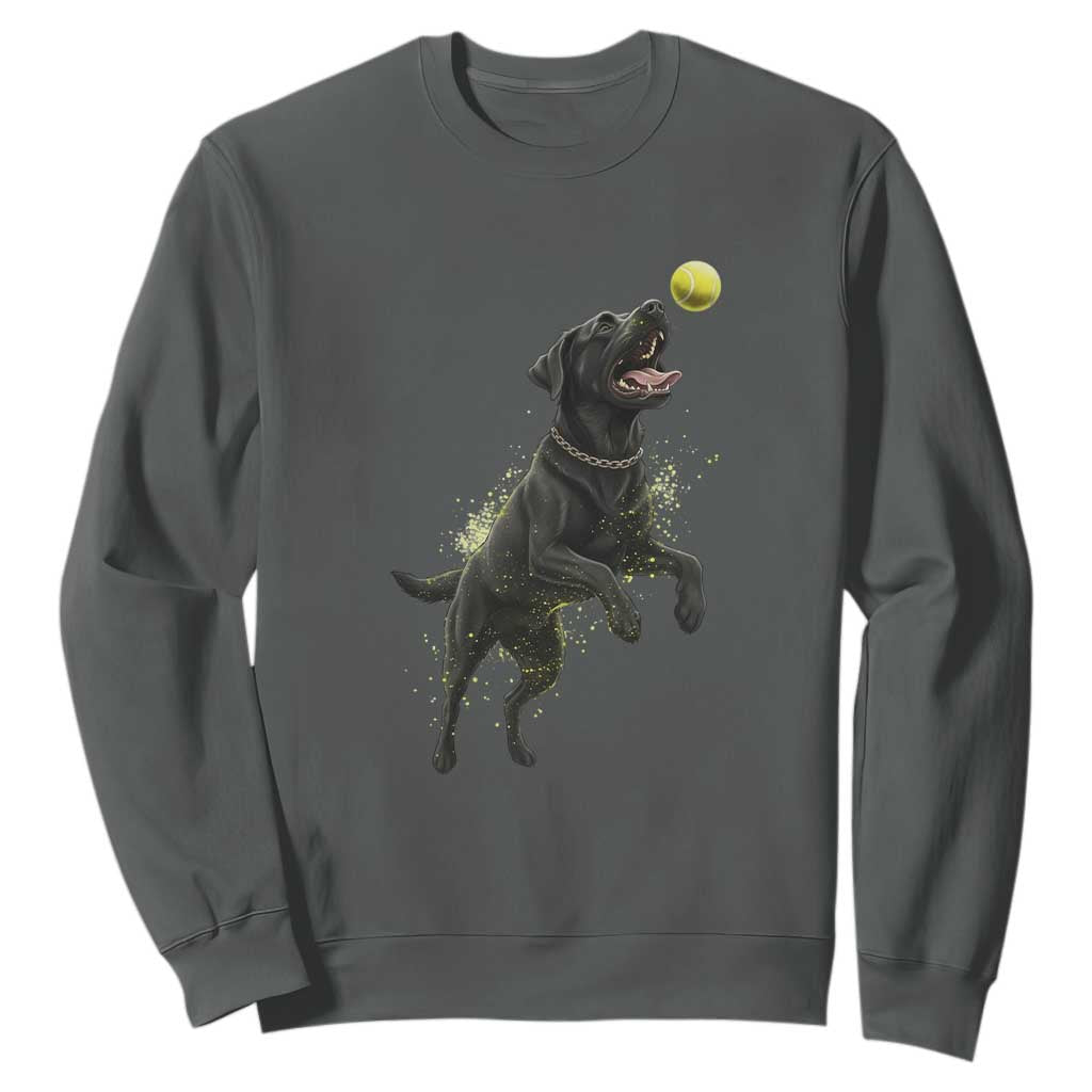 Playful Black Labrador Fetching Chasing Tennis Ball Sweatshirt TS12 Dark Heather Print Your Wear