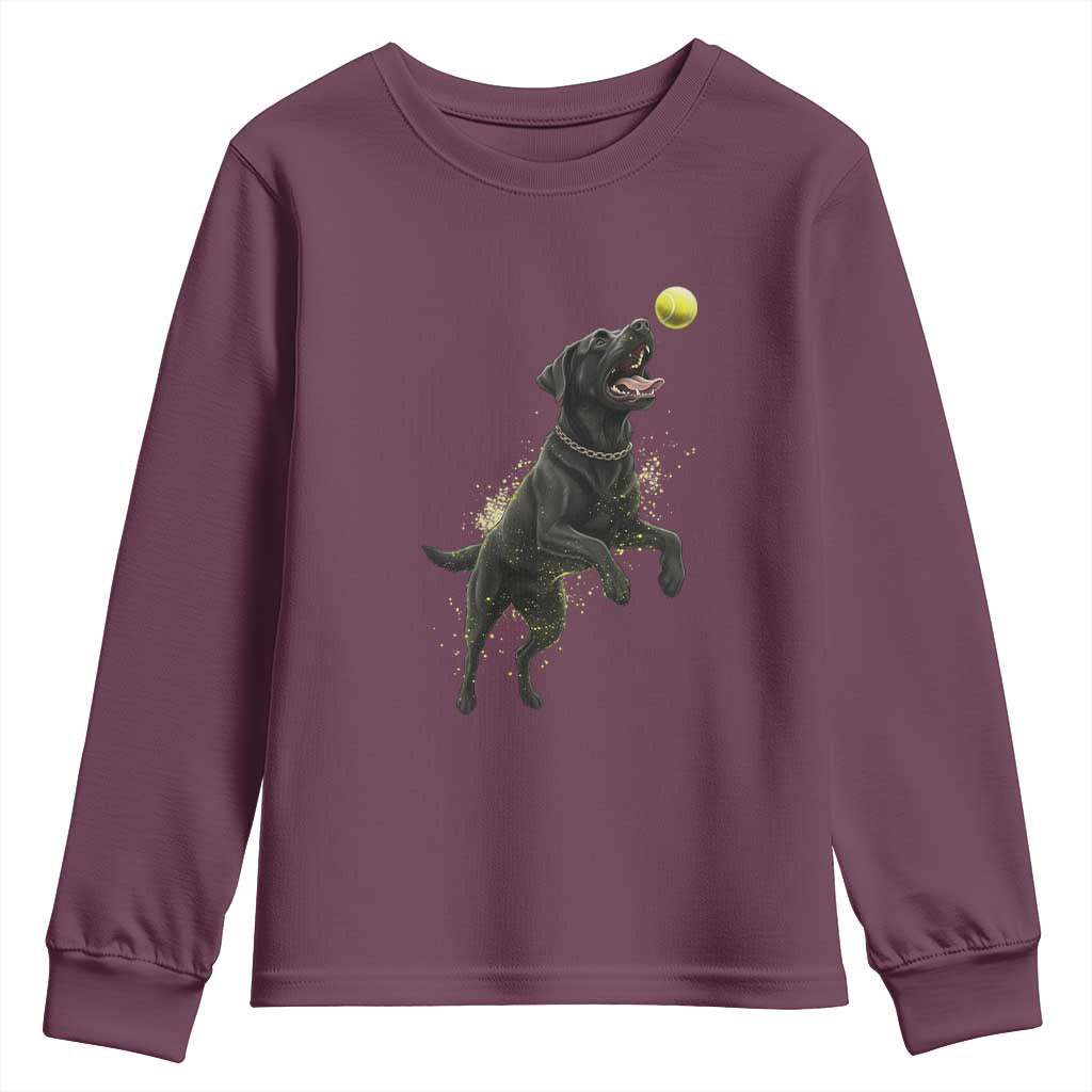 Playful Black Labrador Fetching Chasing Tennis Ball Youth Sweatshirt TS12 Maroon Print Your Wear