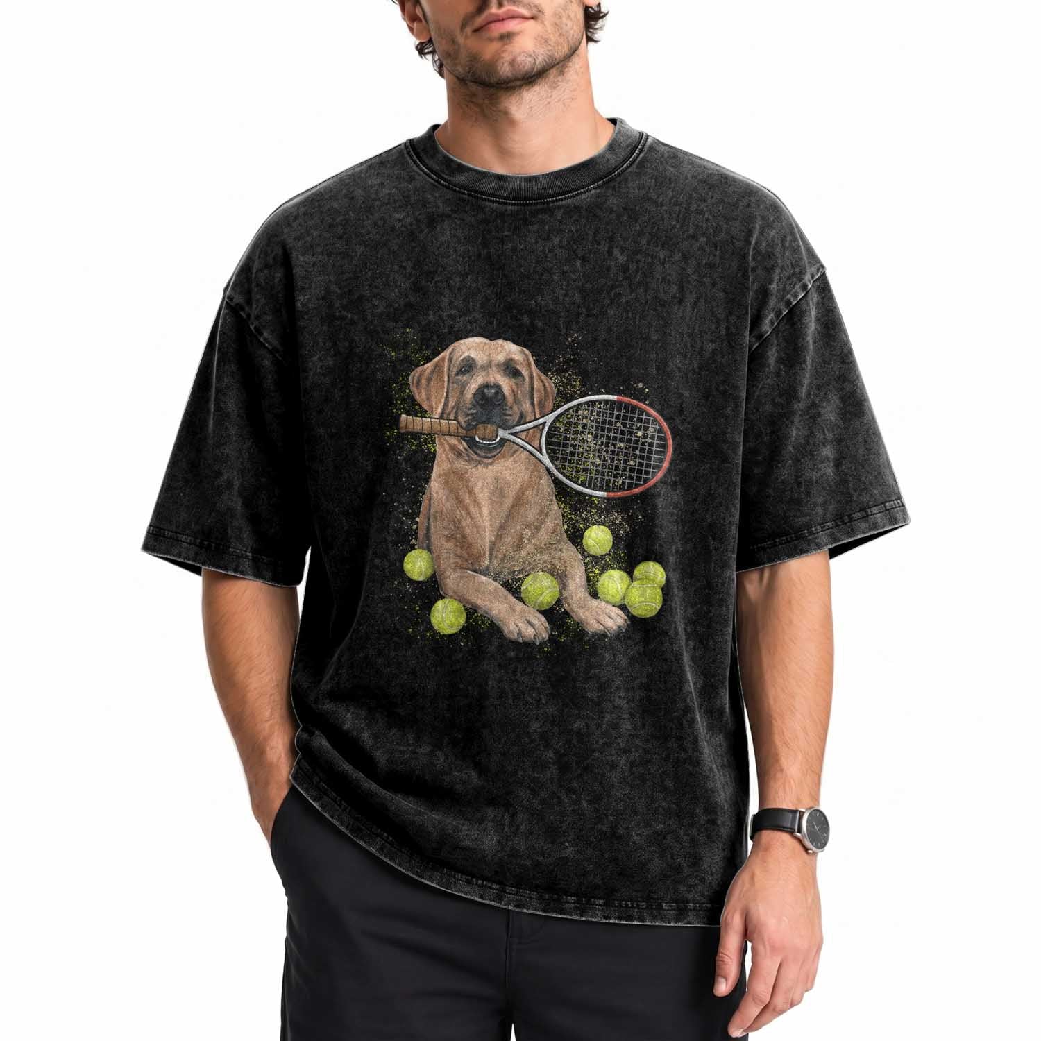 Funny Labrador Dog Playing Tennis Ball Washed Cotton T-Shirt Pet Lover Gift