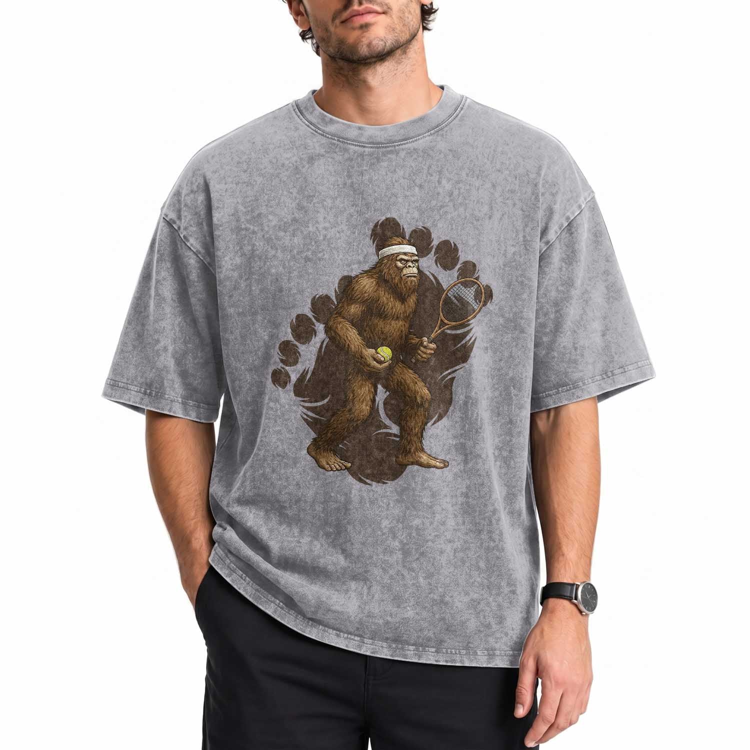 Funny Bigfoot Tennis Player Washed Cotton T-Shirt Folklore Cryptid Gift