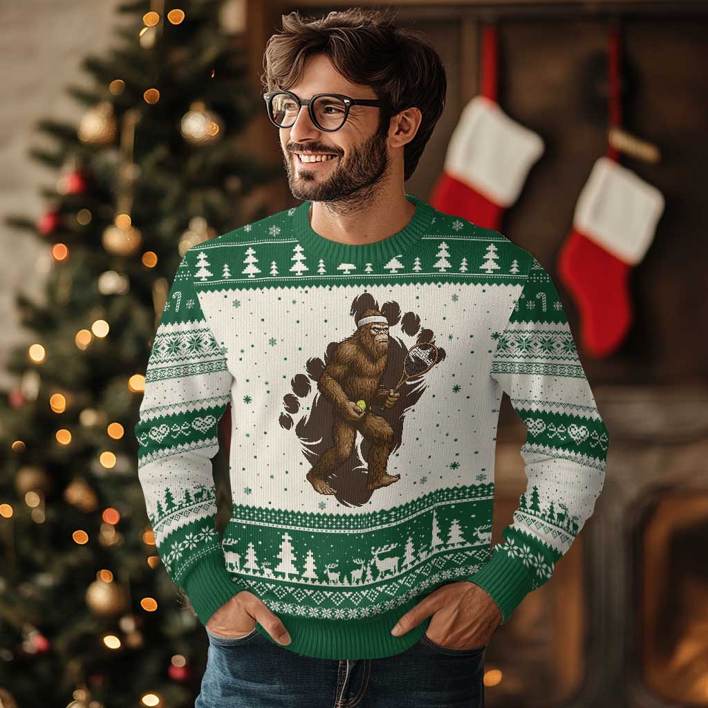 Funny Bigfoot Tennis Player Ugly Christmas Sweater Folklore Cryptid Gift TS12 Beige Green Print Your Wear
