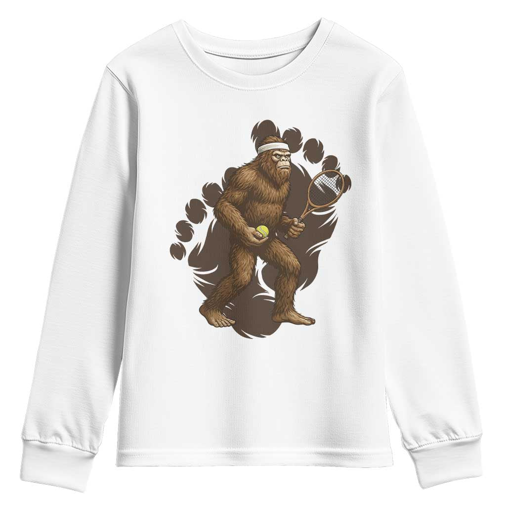 Funny Bigfoot Tennis Player Youth Sweatshirt Folklore Cryptid Gift TS12 White Print Your Wear
