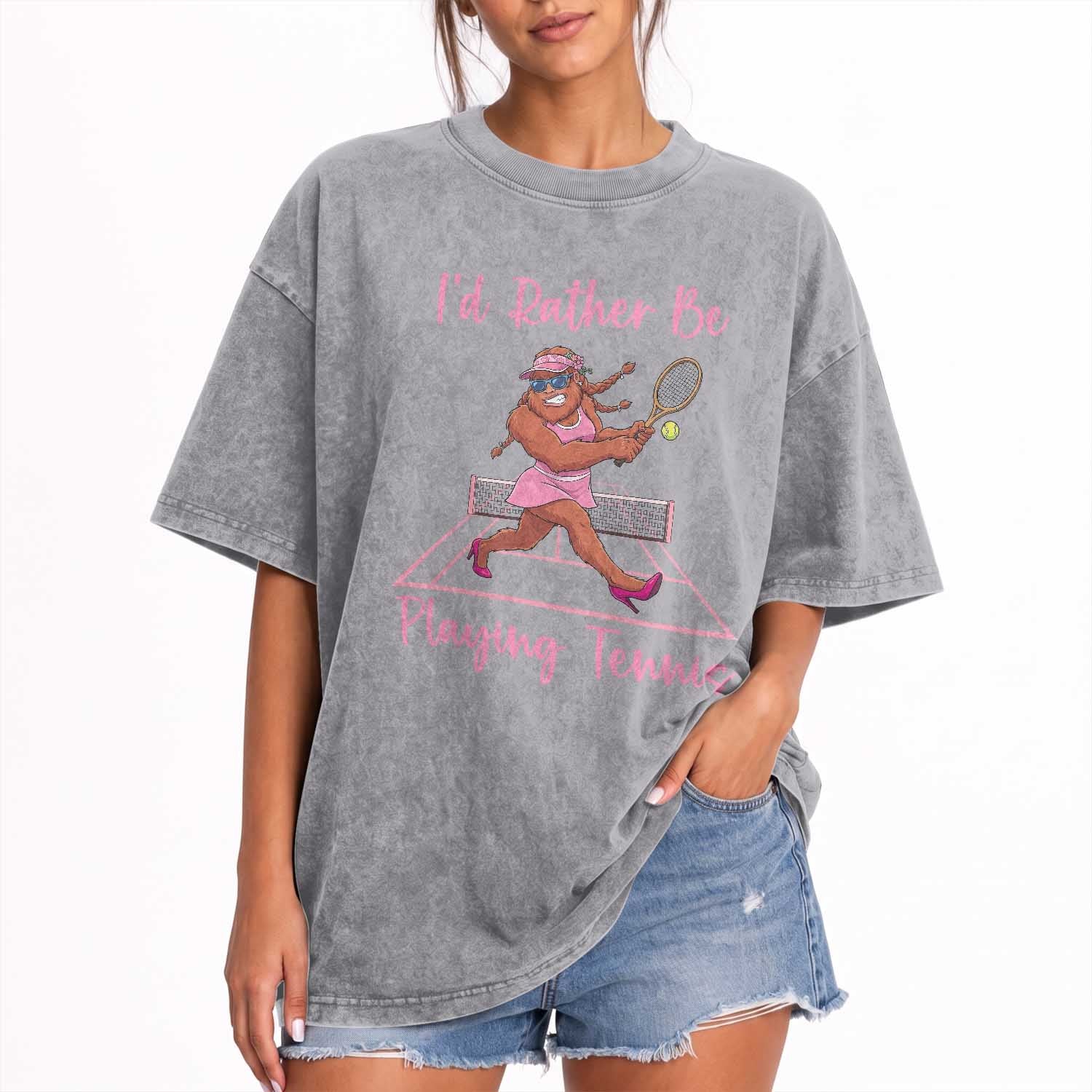 Funny Sexy Bigfoot Playing Tennis Washed Cotton T-Shirt Gift For Girls