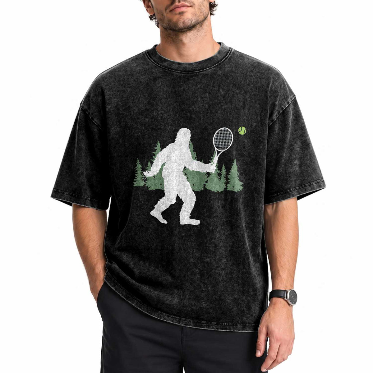 Funny Sasquatch Tennis Player Washed Cotton T-Shirt Folklore Cryptid Gift