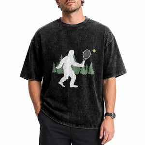 Funny Sasquatch Tennis Player Washed Cotton T-Shirt Folklore Cryptid Gift