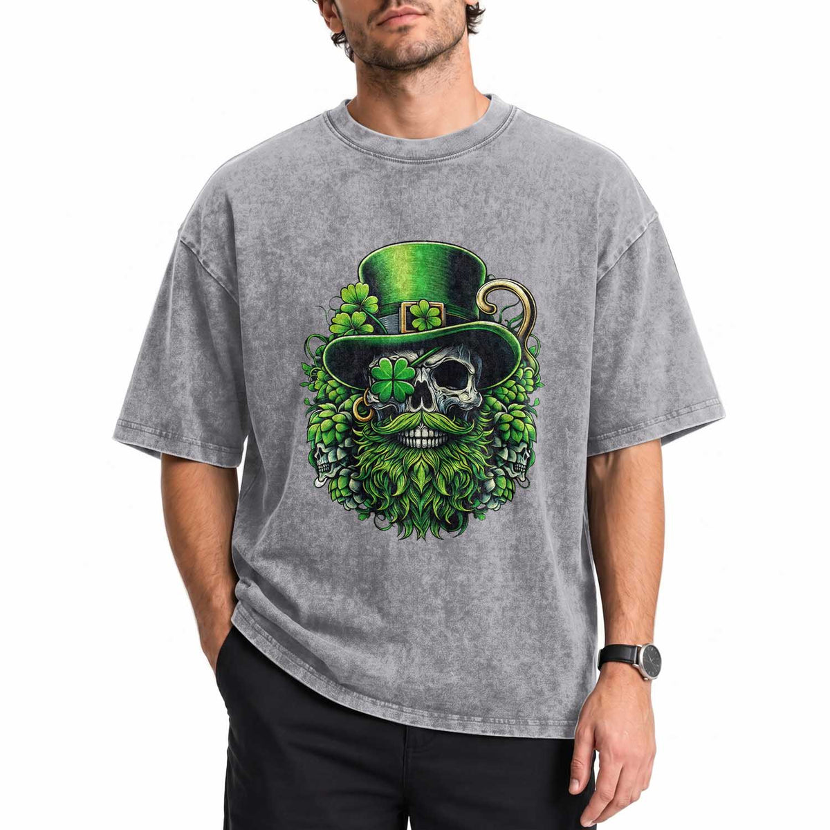 Irish Leprechaun Skull Washed Cotton T-Shirt St Patricks Day Party Gift