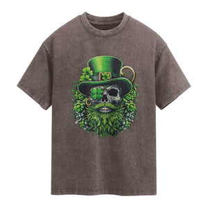 Irish Leprechaun Skull Washed Cotton T-Shirt St Patricks Day Party Gift