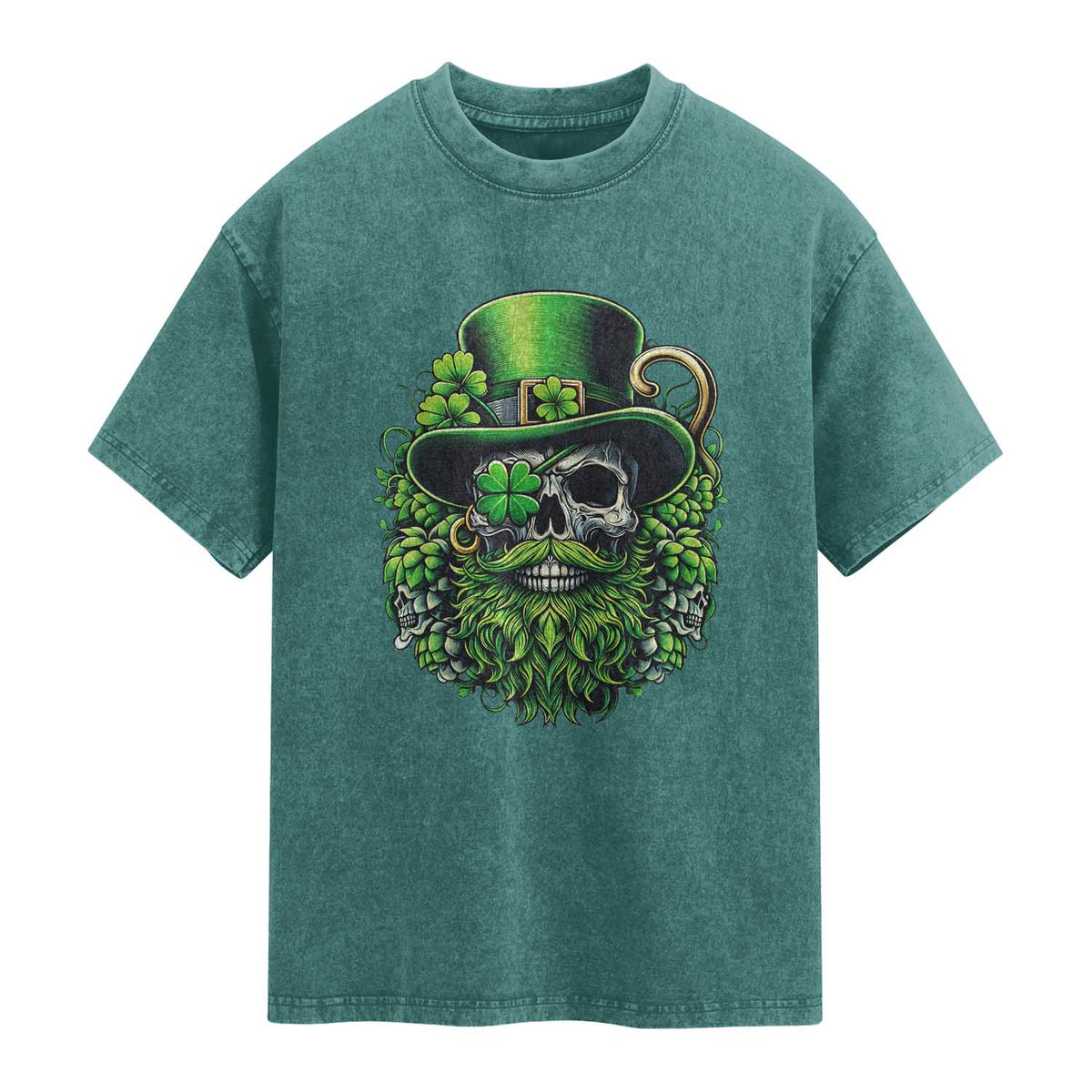 Irish Leprechaun Skull Washed Cotton T-Shirt St Patricks Day Party Gift