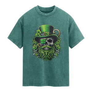 Irish Leprechaun Skull Washed Cotton T-Shirt St Patricks Day Party Gift