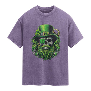 Irish Leprechaun Skull Washed Cotton T-Shirt St Patricks Day Party Gift