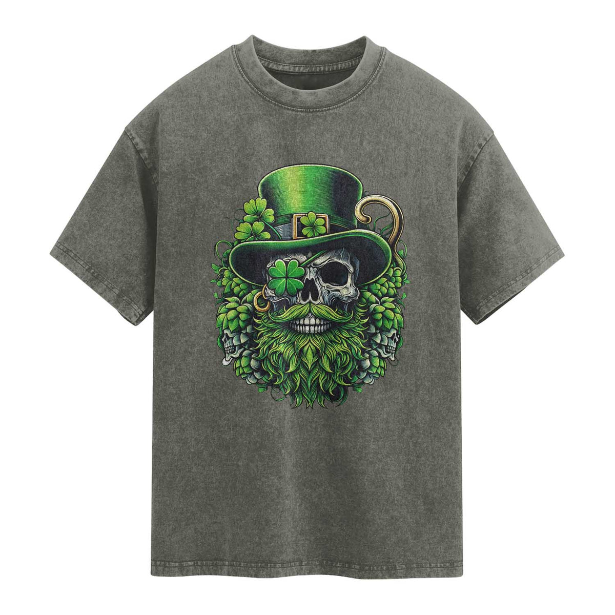 Irish Leprechaun Skull Washed Cotton T-Shirt St Patricks Day Party Gift