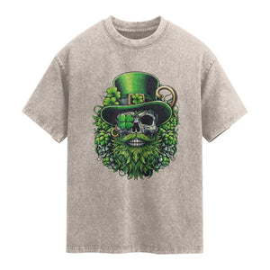 Irish Leprechaun Skull Washed Cotton T-Shirt St Patricks Day Party Gift