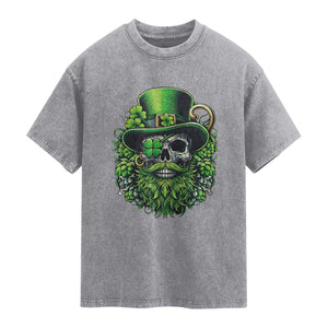 Irish Leprechaun Skull Washed Cotton T-Shirt St Patricks Day Party Gift