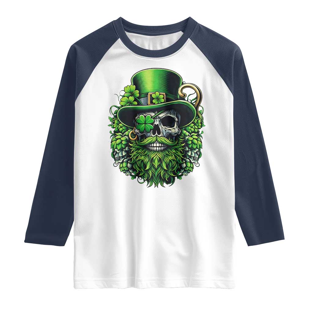 Irish Leprechaun Skull Raglan Shirt St Patricks Day Party Gift TS12 White Navy Print Your Wear